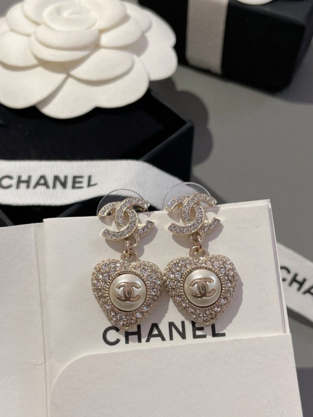 Chanel Gold-Tone Crystal CC Pearl Heart Drop Earrings